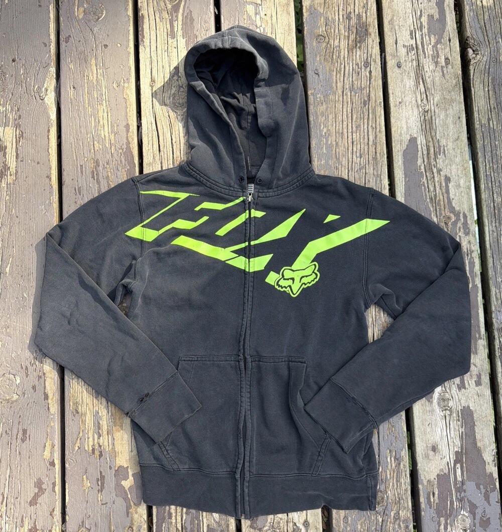 VTG Y2K Fox Racing Black Zip S Hoodie Neon Green Thrashed Moto Grunge Skater